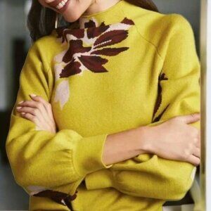 Anthropologie Beatriz Floral Mock Neck Sweater Small Balloon Sleeve Chartreuse